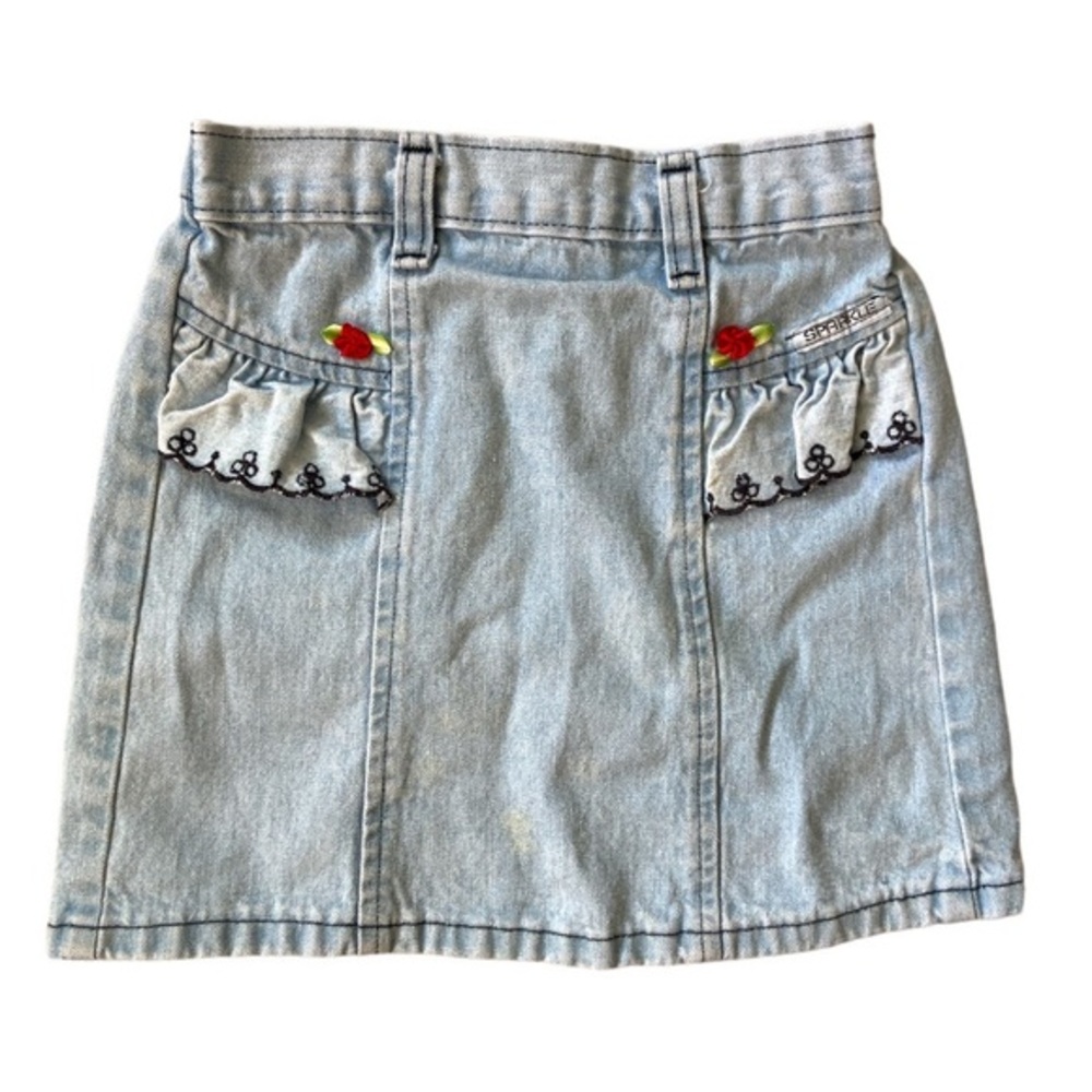VINTAGE 80s 90s Skirt Denim Lace Grunge 6 Kids Dress Roses Light Wash Acid Mini